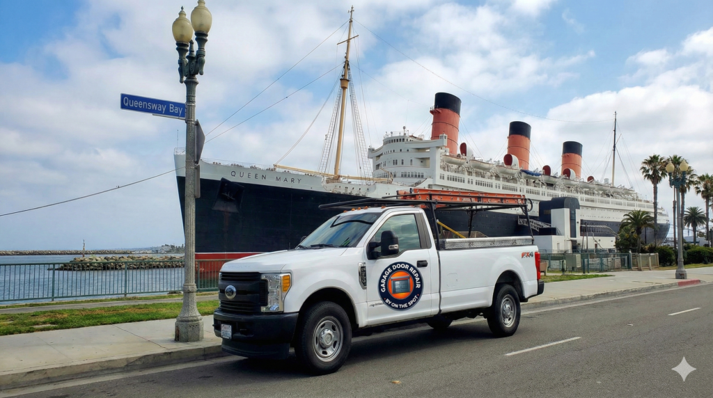 Garage door repair truck parked near Long Beach historic district.