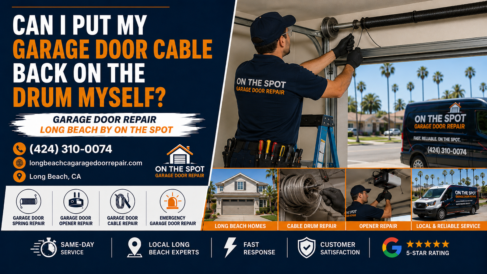 Long Beach garage door technician inspecting a cable that came off the drum on a residential garage door