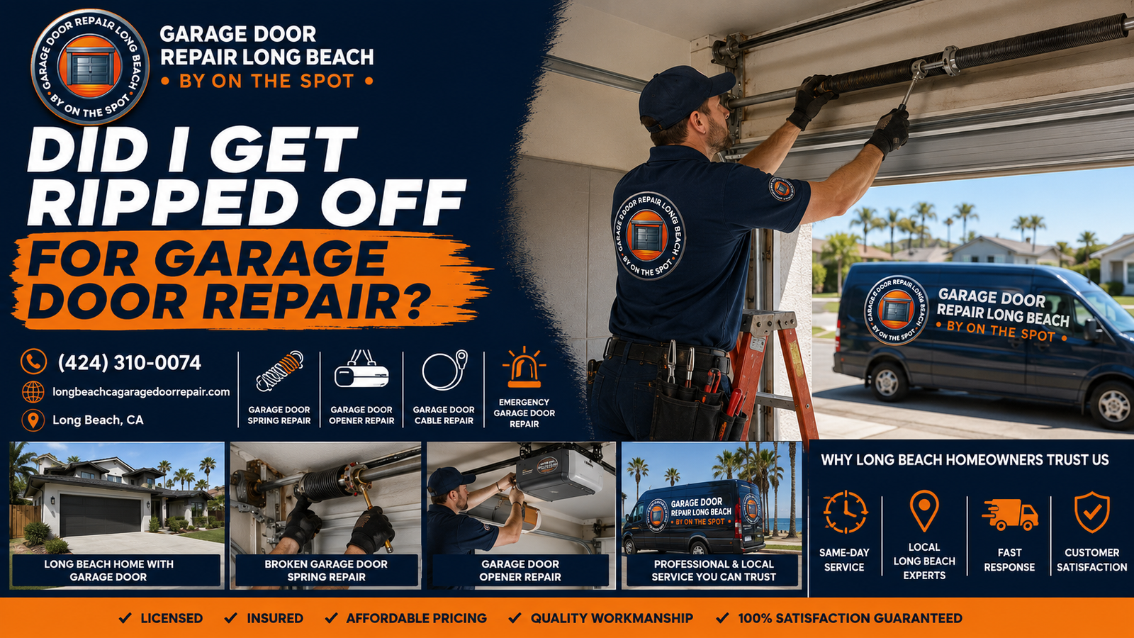Long Beach homeowner asking if they got ripped off for garage door repair with technician inspecting a residential garage door
