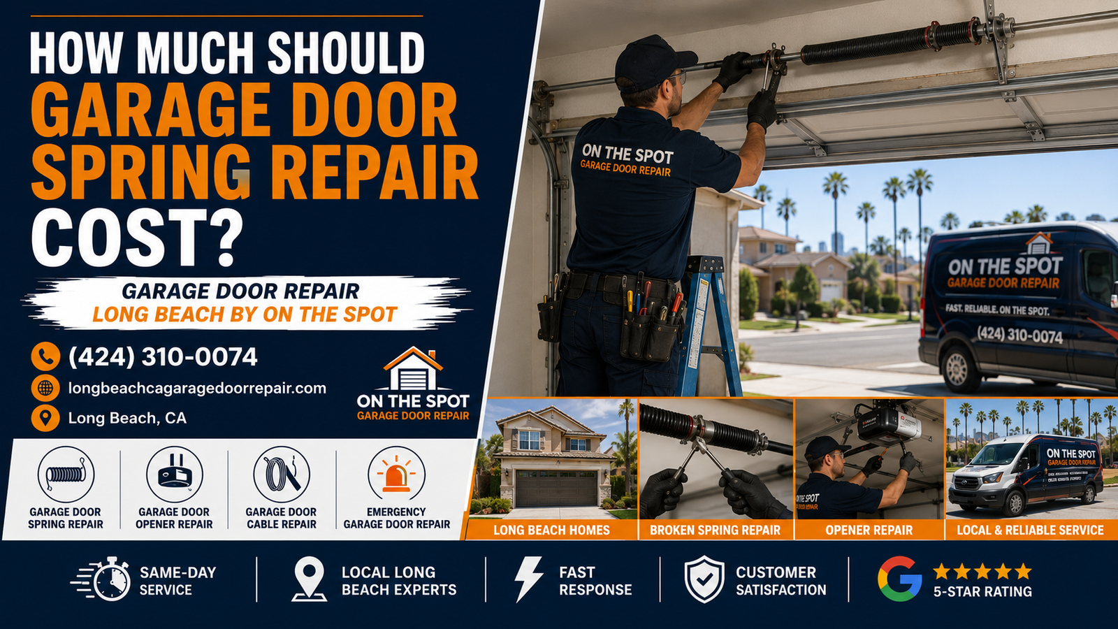 Garage door spring repair cost guide for Long Beach CA homeowners with technician repairing a residential garage door