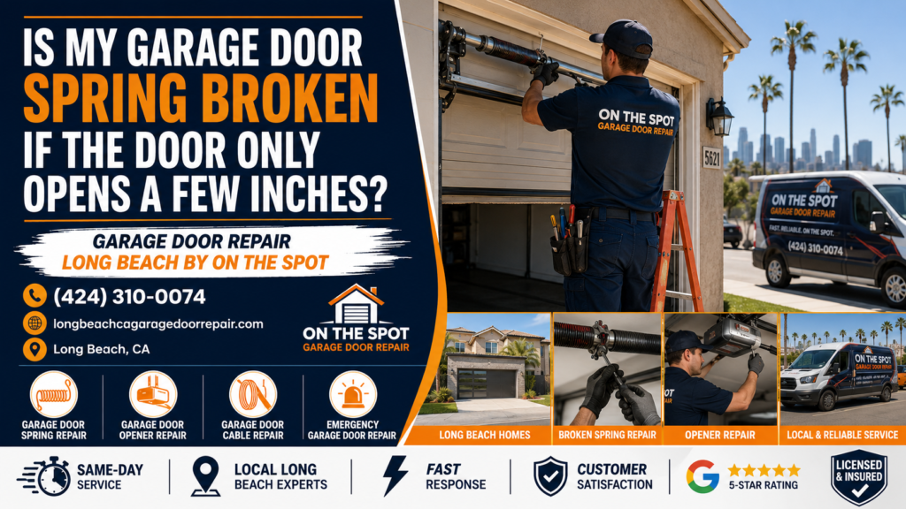 Garage door technician inspecting a broken spring on a residential garage door in Long Beach CA for a door that only opens a few inches
