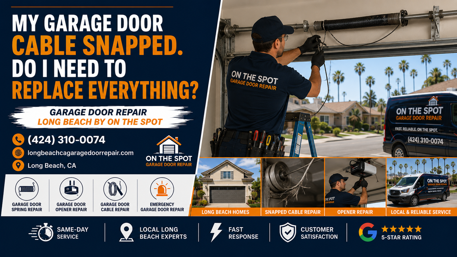 Garage door cable snapped repair guide for Long Beach CA homeowners with technician inspecting a residential garage door cable