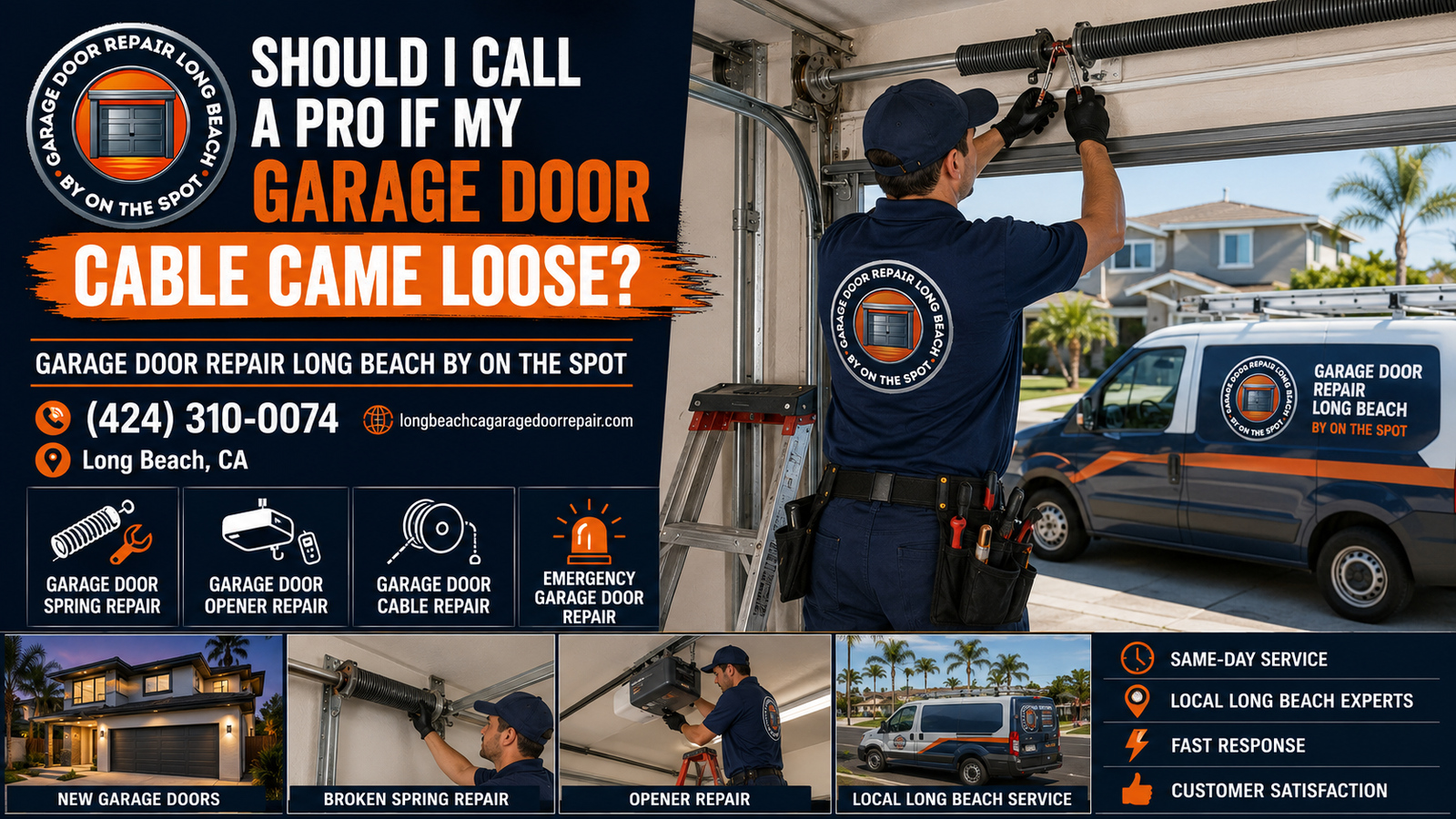 Long Beach garage door technician inspecting a loose garage door cable on a residential garage door