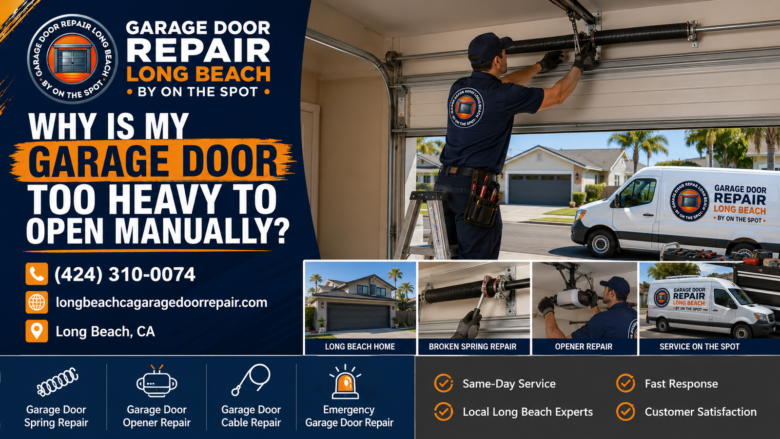 Long Beach garage door technician inspecting a heavy garage door that is difficult to open manually