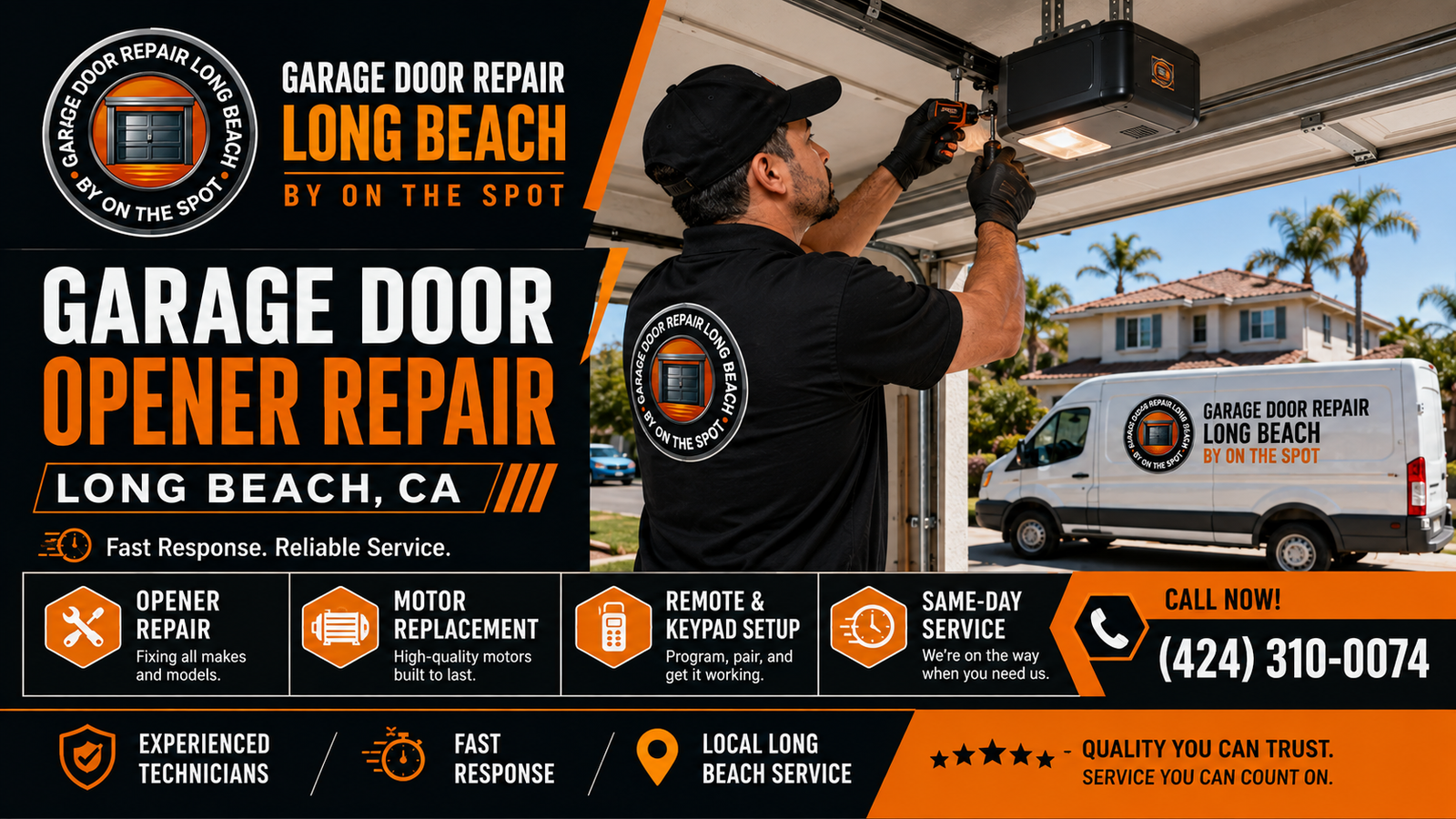 Technician inspecting a garage door opener system for a Long Beach garage door that stopped working