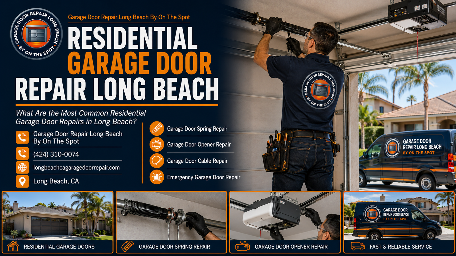 Residential garage door repair service for a Long Beach home with common garage door components being inspected