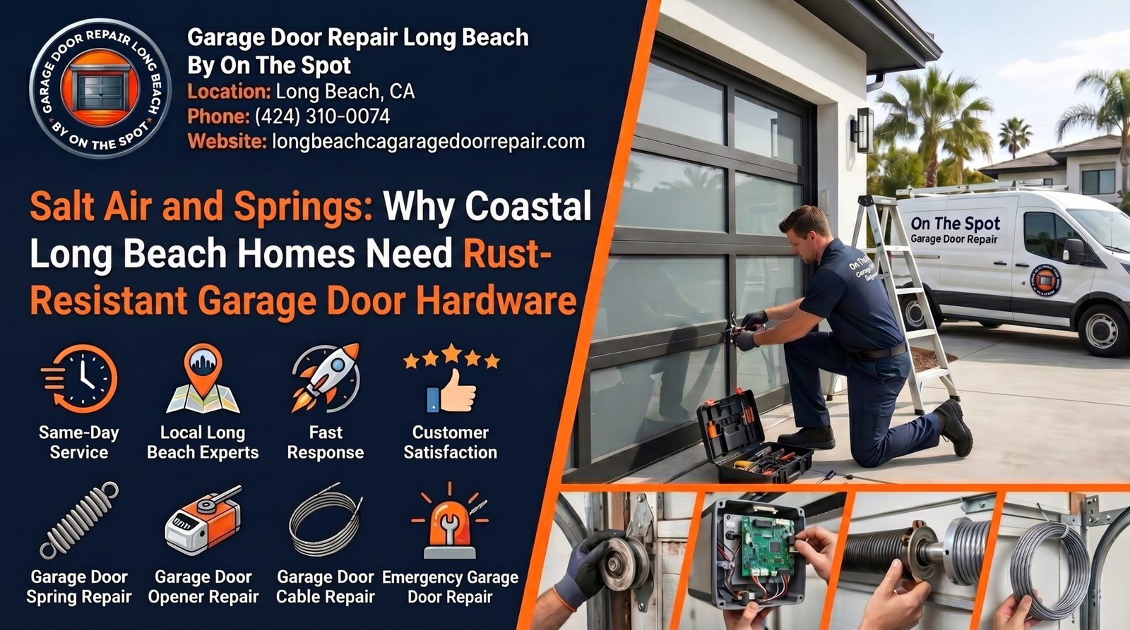 Coastal Long Beach garage door spring hardware exposed to salt air and moisture