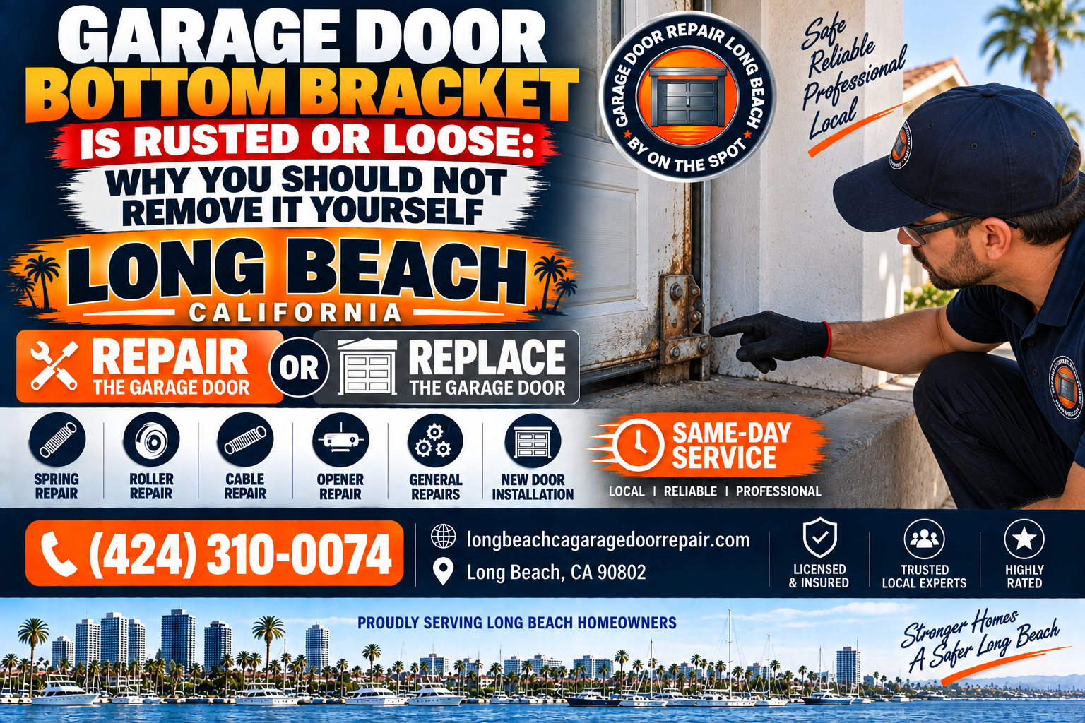 Garage door bottom bracket rusted or loose do not remove yourself Long Beach