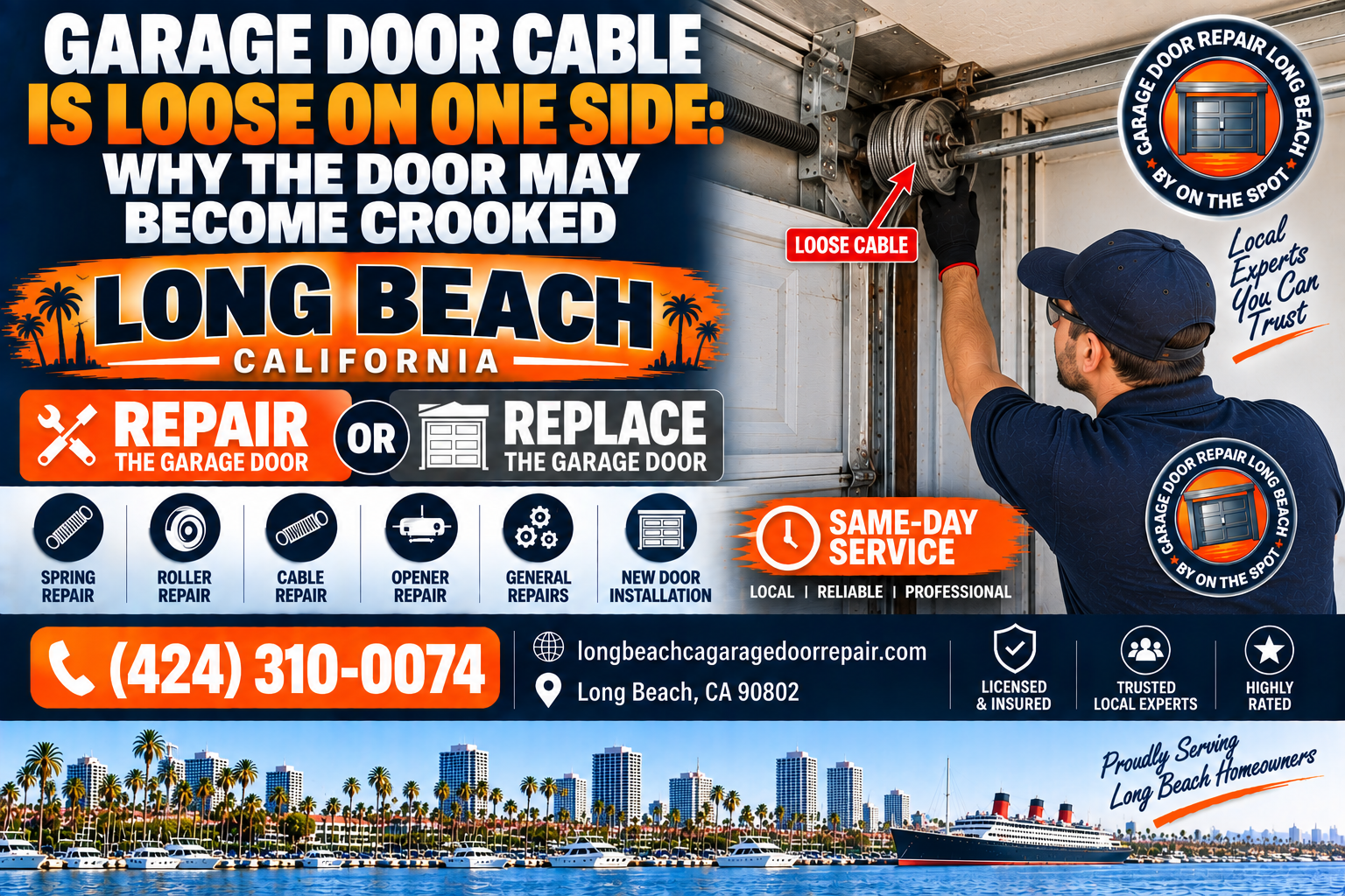Garage door cable loose on one side crooked door Long Beach