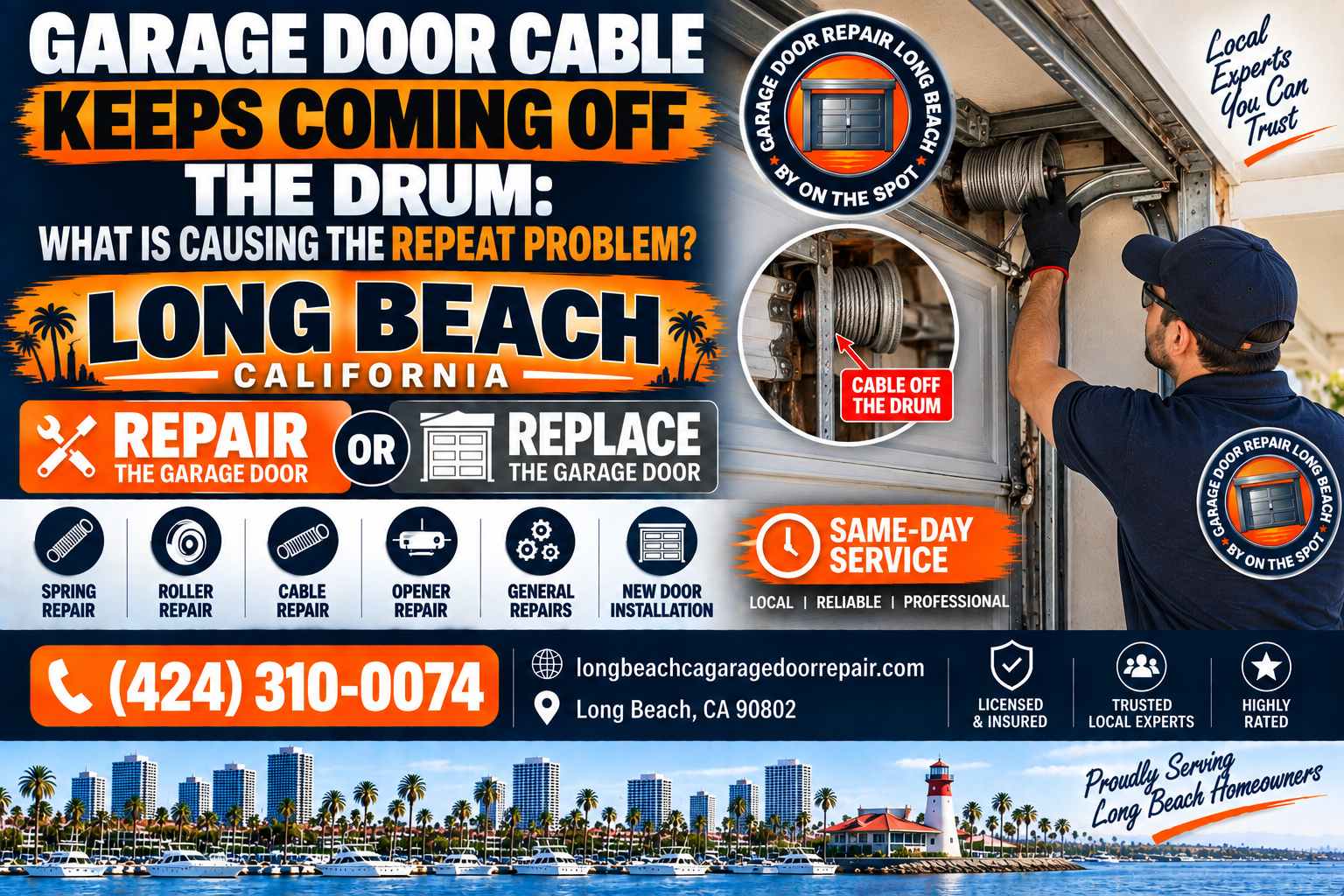 Garage door cable keeps coming off the drum repeat problem Long Beach