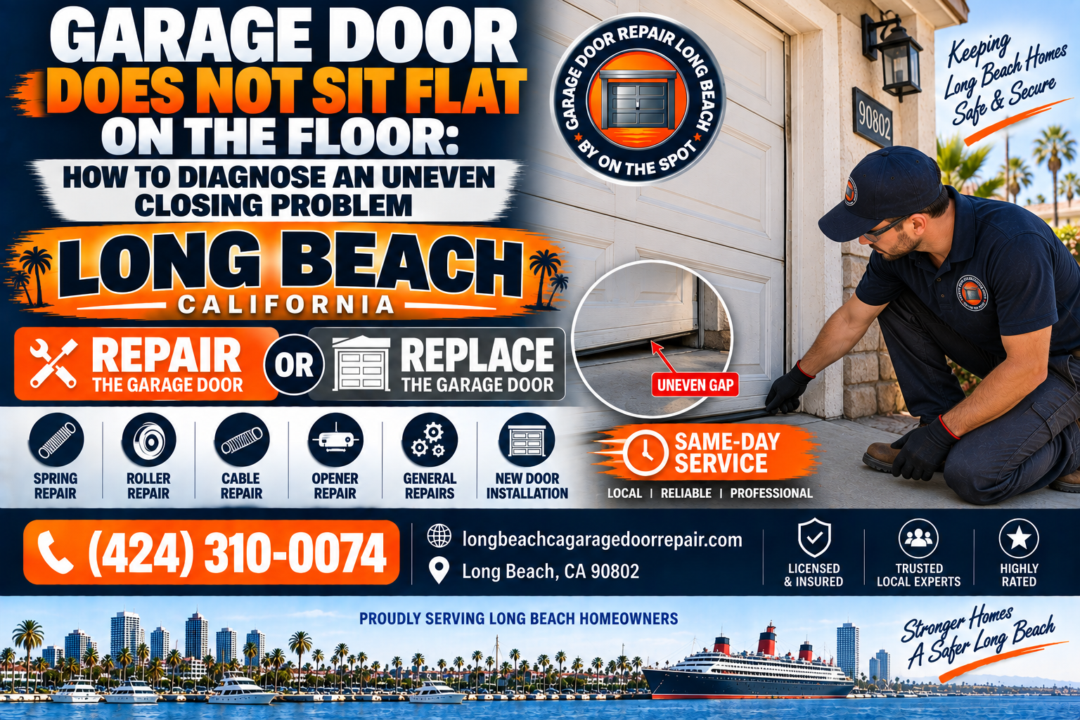 Garage door does not sit flat on the floor uneven closing Long Beach