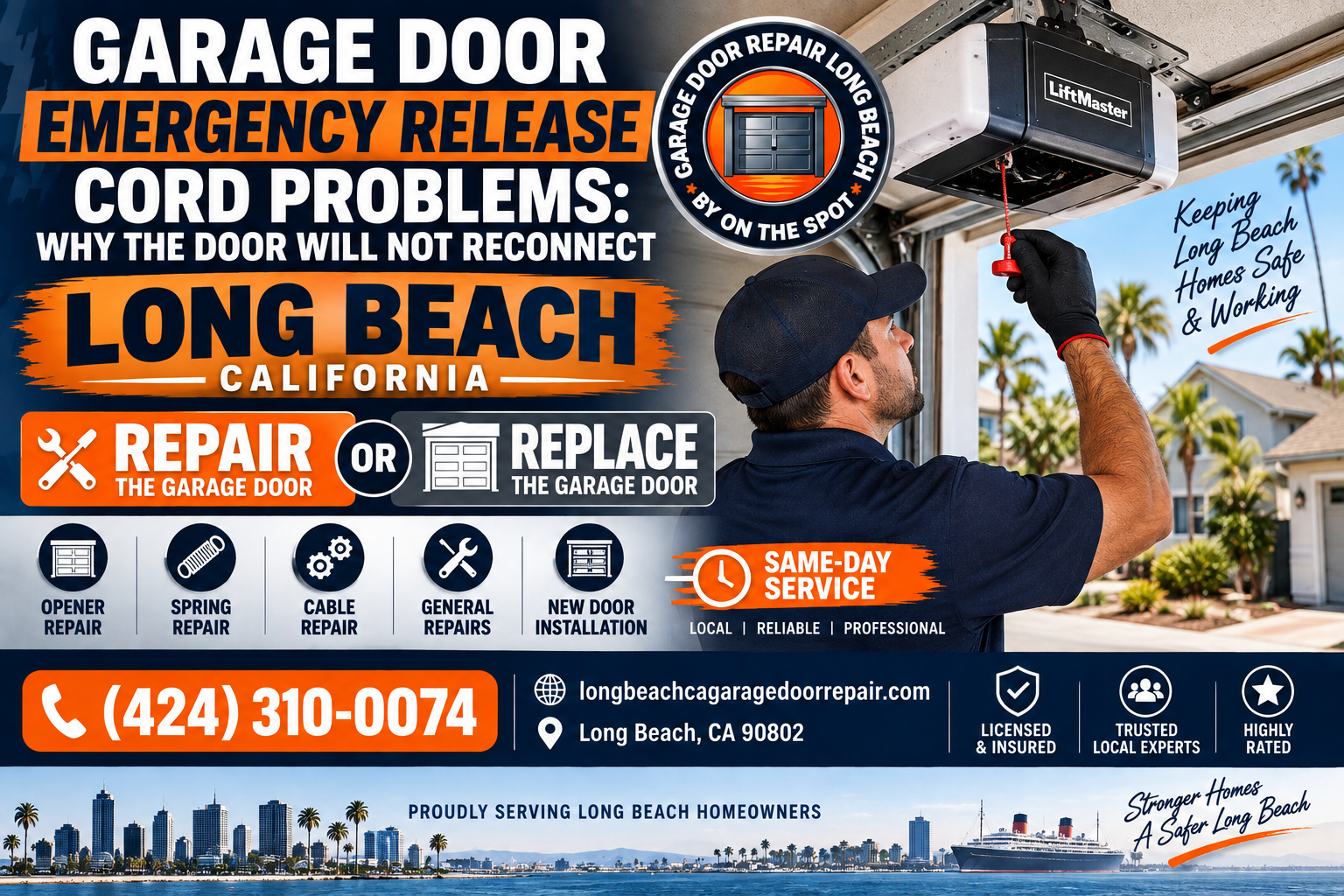 Garage door emergency release cord problems why the door will not reconnect in Long Beach