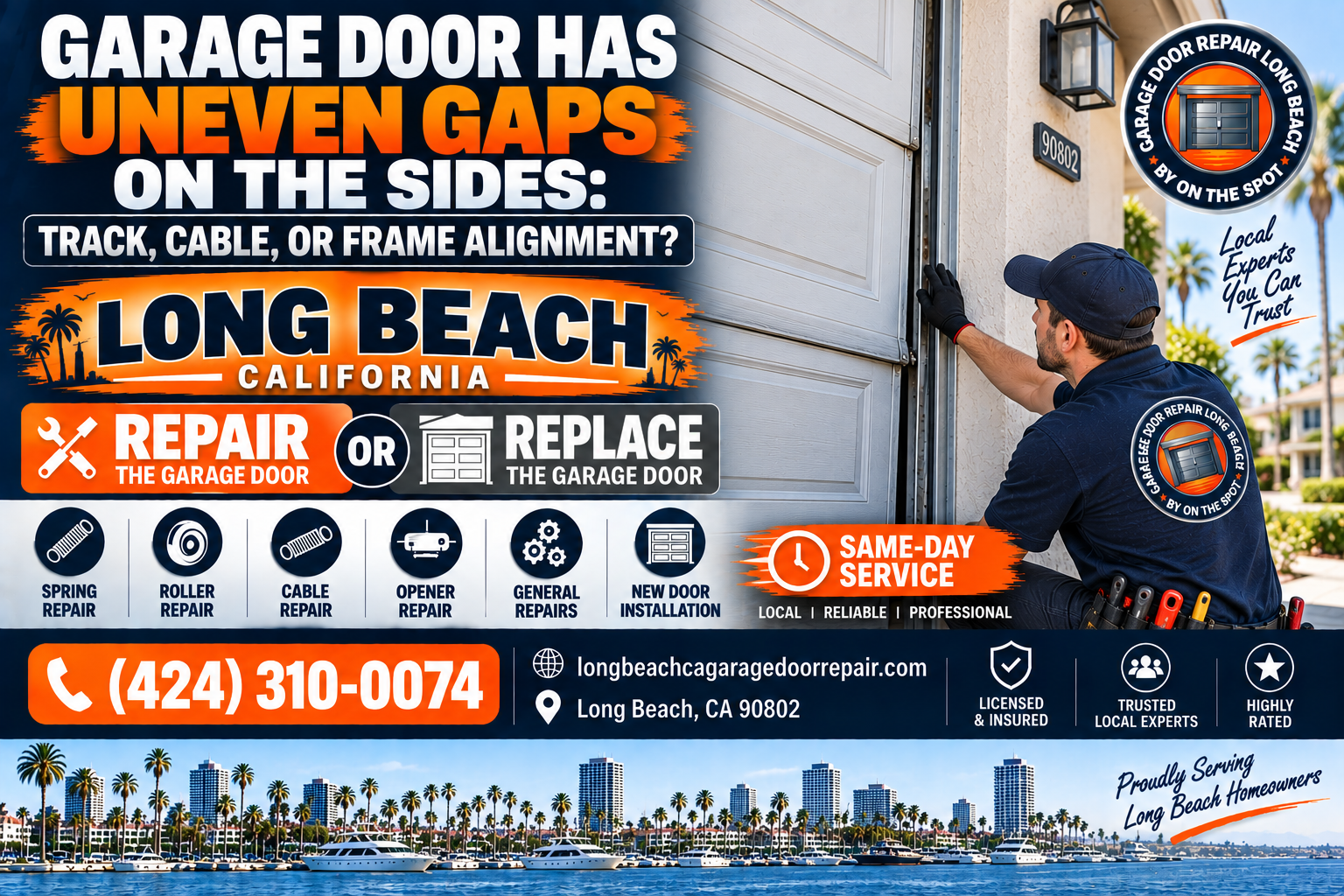 Garage door uneven gaps on the sides track cable or frame alignment Long Beach
