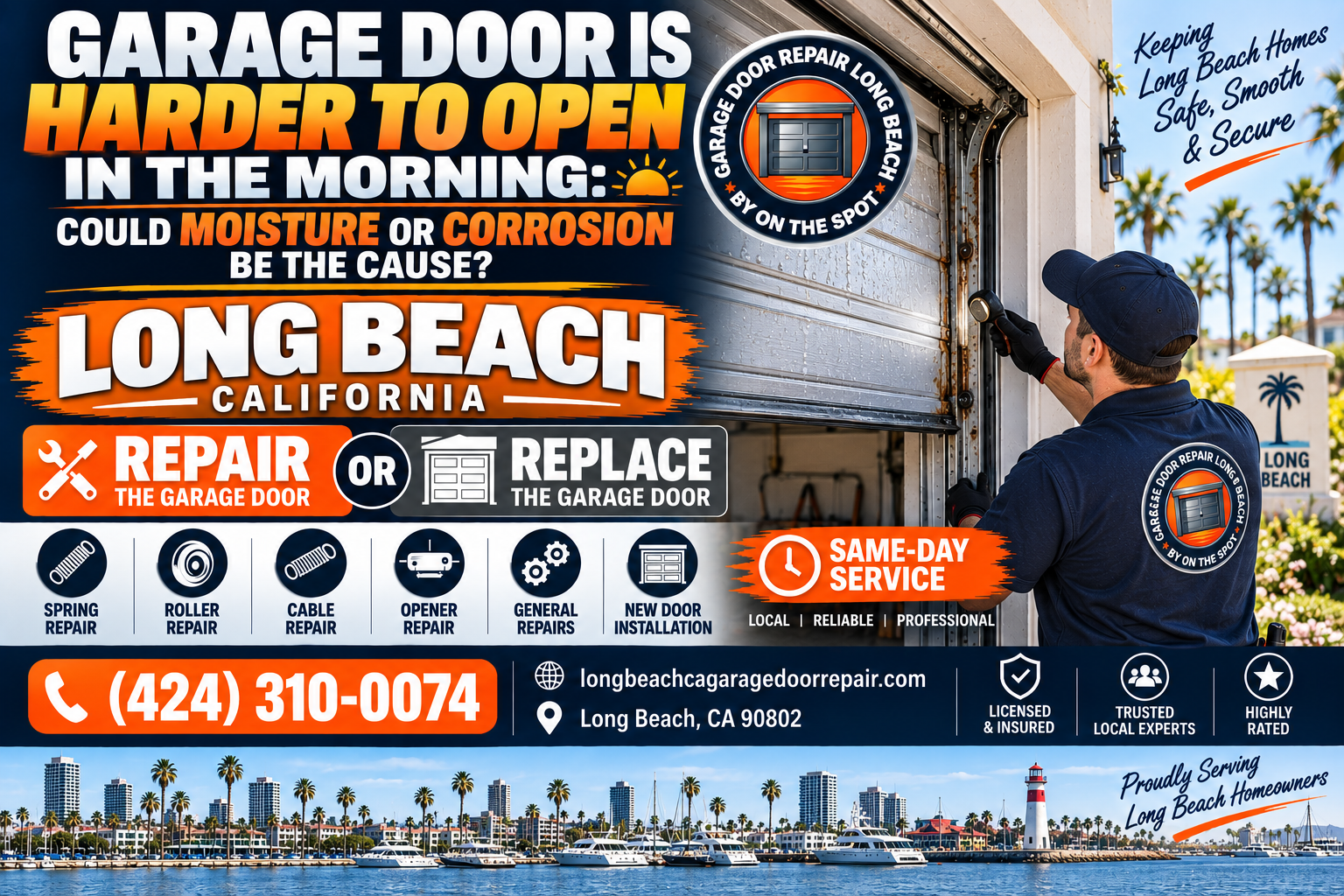 Garage door is harder to open in the morning moisture or corrosion Long Beach
