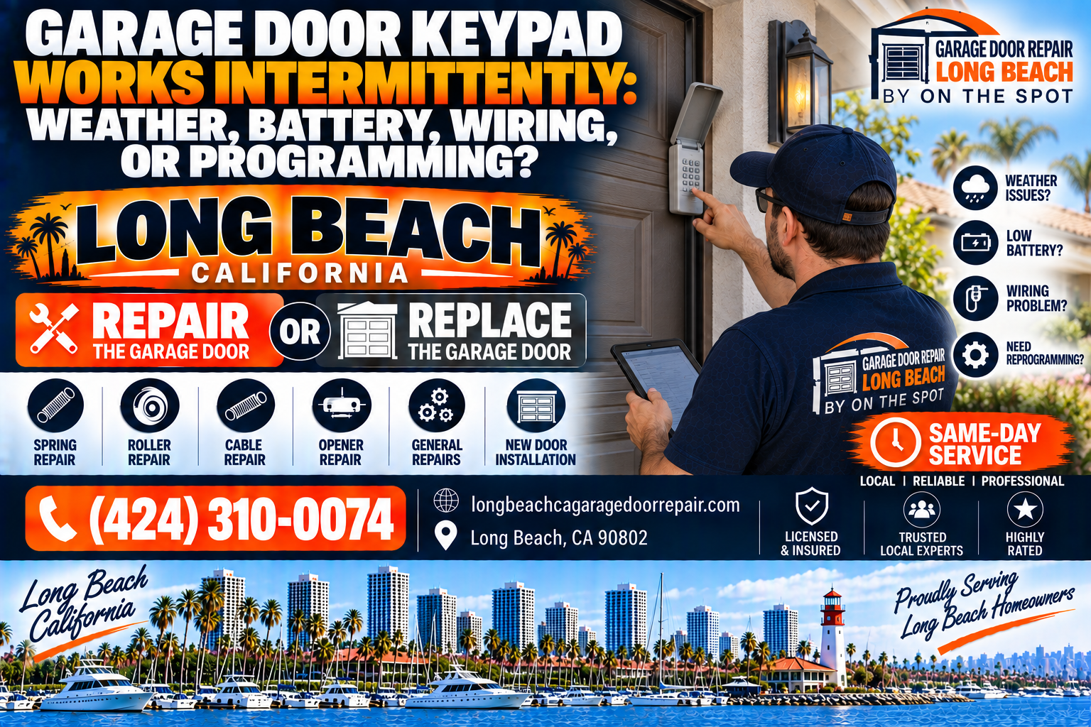 Garage door keypad works intermittently weather battery wiring or programming Long Beach