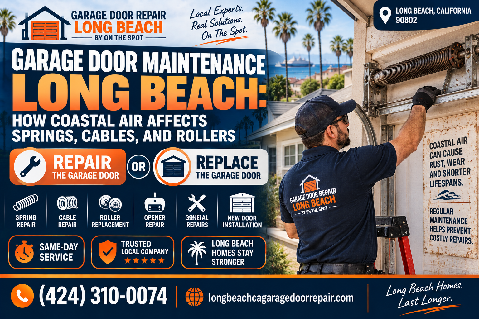 Garage door maintenance Long Beach service graphic showing coastal air effects on springs cables and rollers