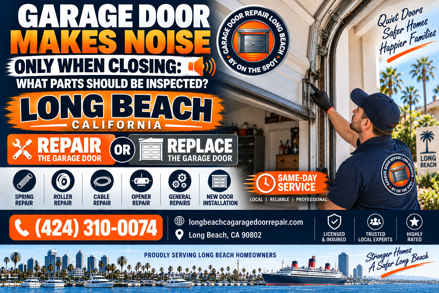 Garage door makes noise only when closing parts to inspect Long Beach