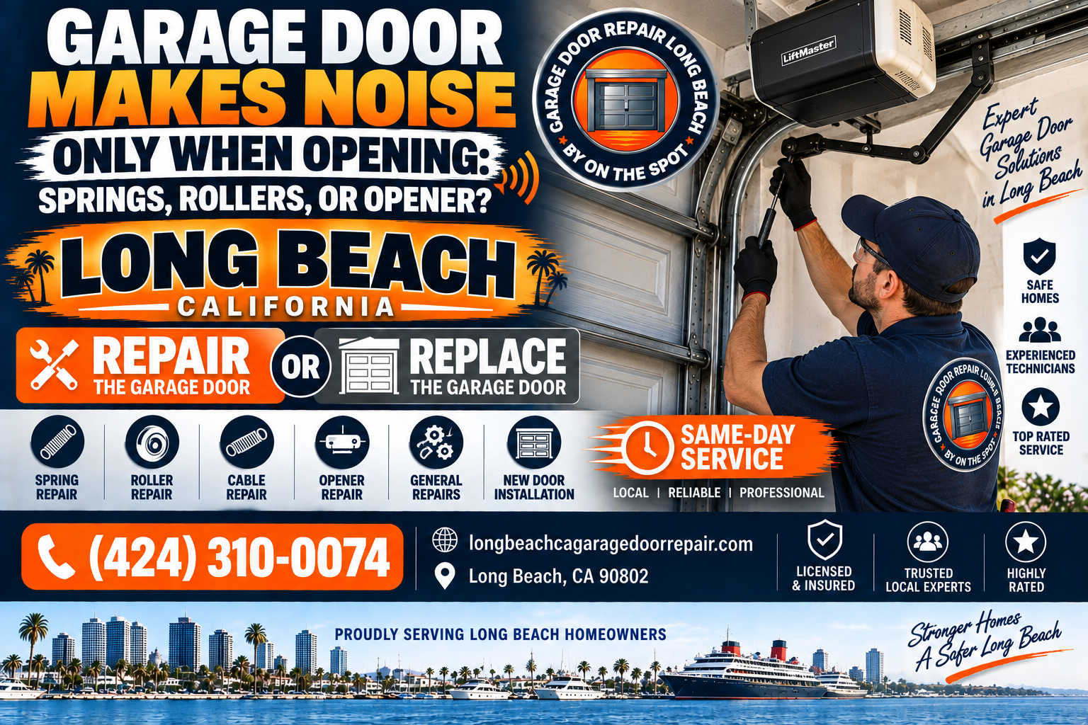 Garage door makes noise only when opening springs rollers or opener Long Beach