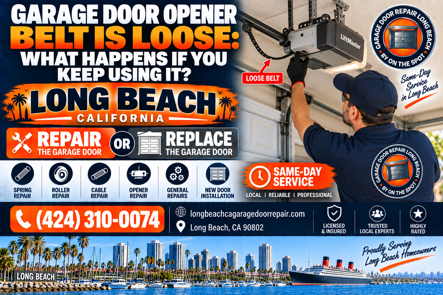 Garage door opener belt is loose what happens if you keep using it Long Beach