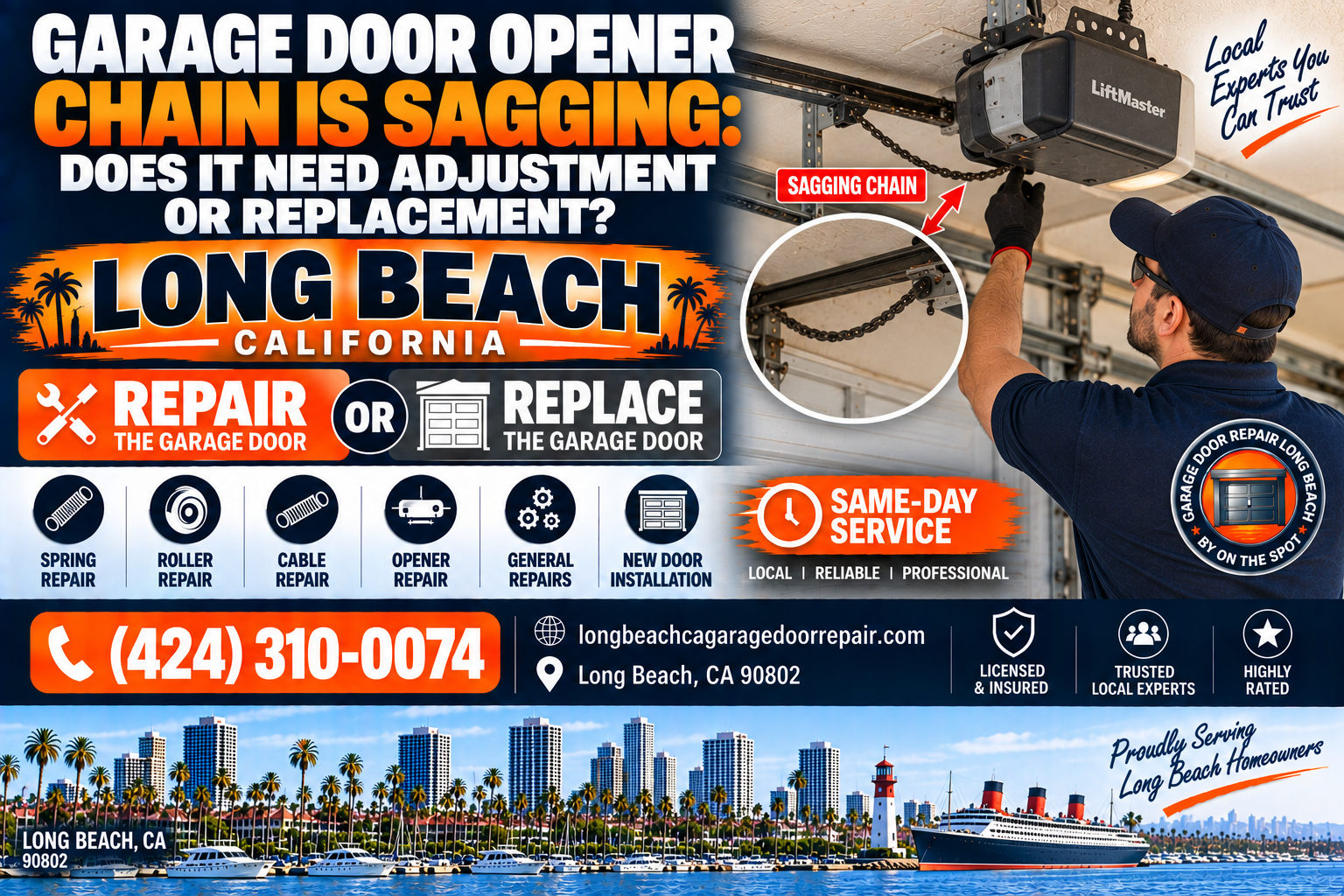 Garage door opener chain sagging adjust or replace Long Beach