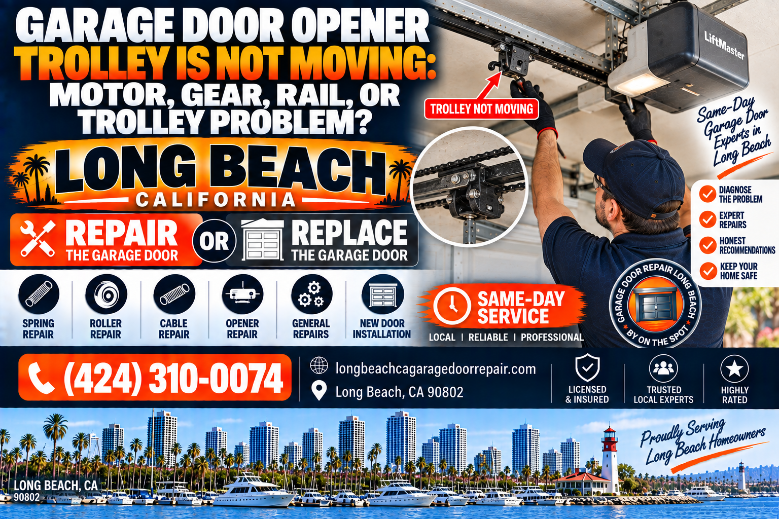 Garage door opener trolley is not moving motor gear rail or trolley problem Long Beach