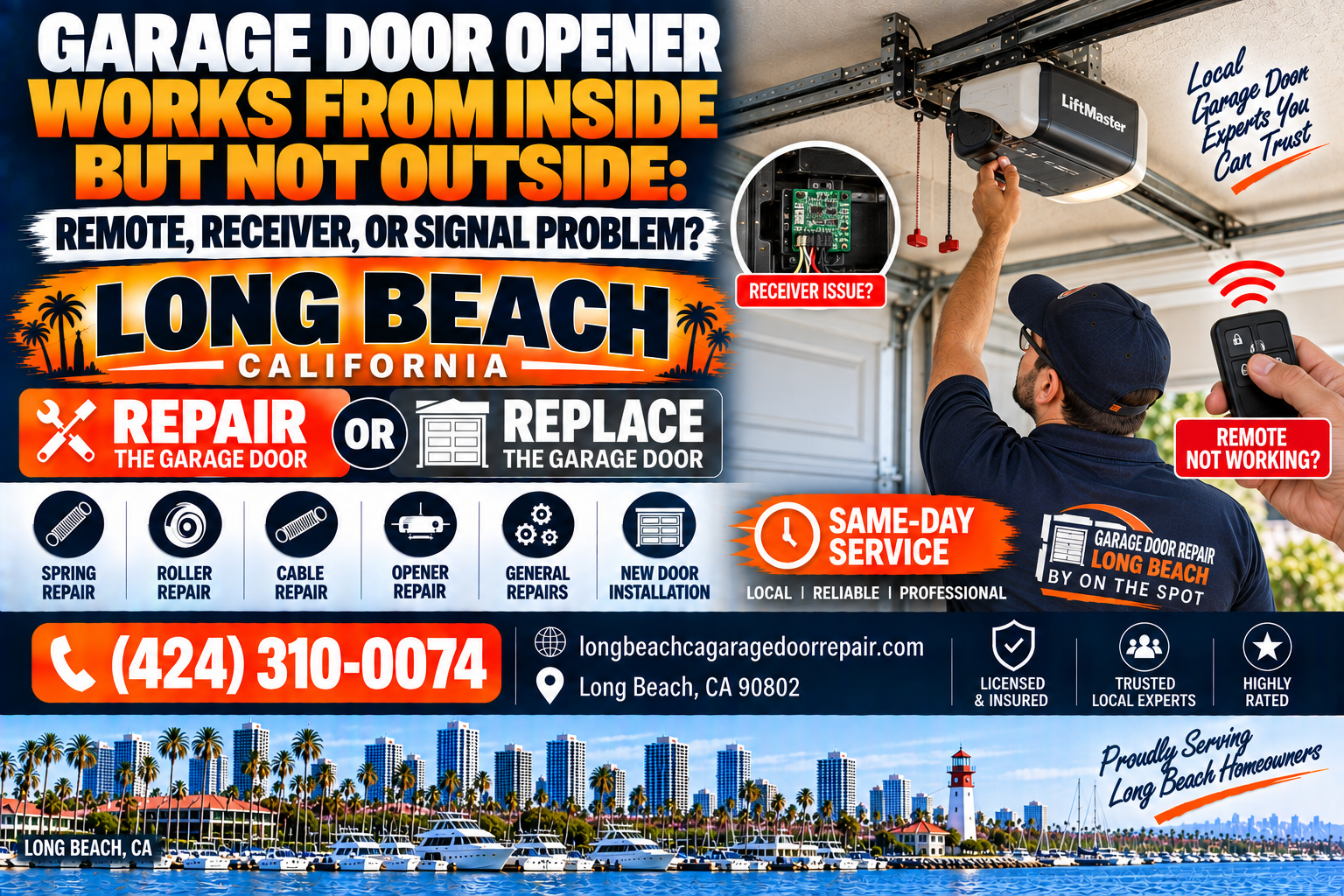 Garage door opener works from inside but not outside remote receiver or signal problem Long Beach