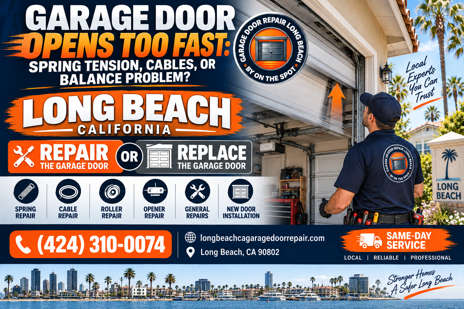 Garage door opens too fast spring tension cables or balance problem in Long Beach