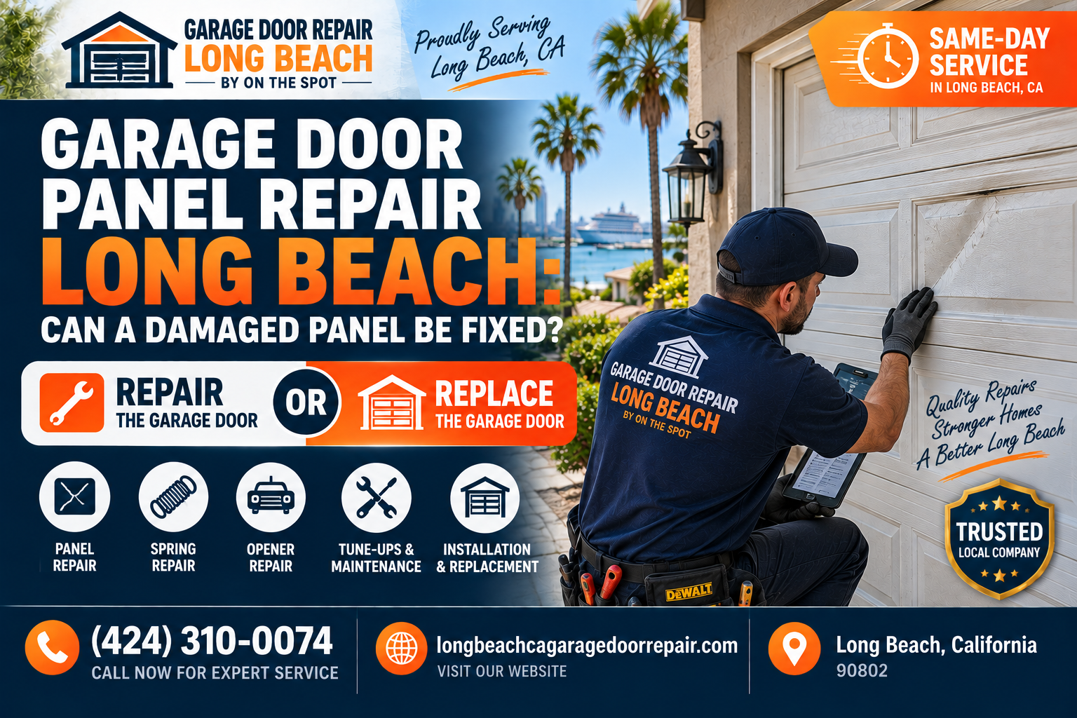 Garage door panel repair Long Beach service graphic for Garage Door Repair Long Beach By On The Spot