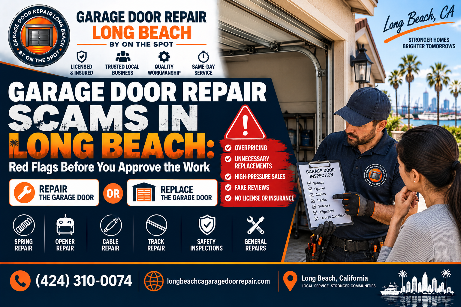 Garage door repair scams in Long Beach red flags before approving the work