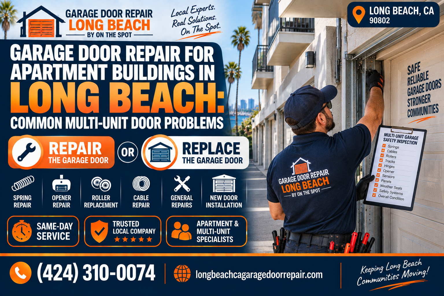 Garage door repair for apartment buildings in Long Beach showing common multi-unit door problems