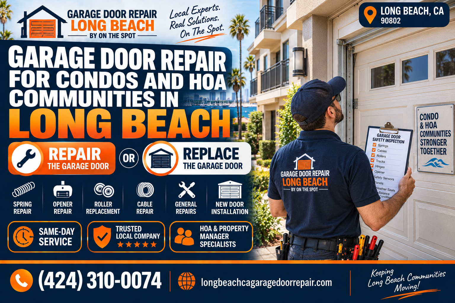Garage door repair for condos and HOA communities in Long Beach showing shared garage access service