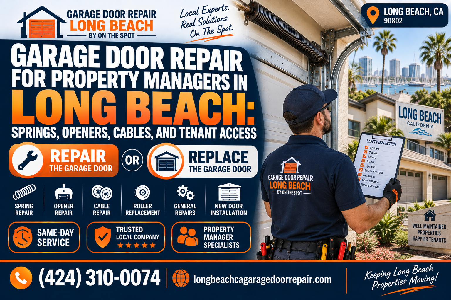 Garage door repair for property managers in Long Beach showing springs openers cables and tenant access service
