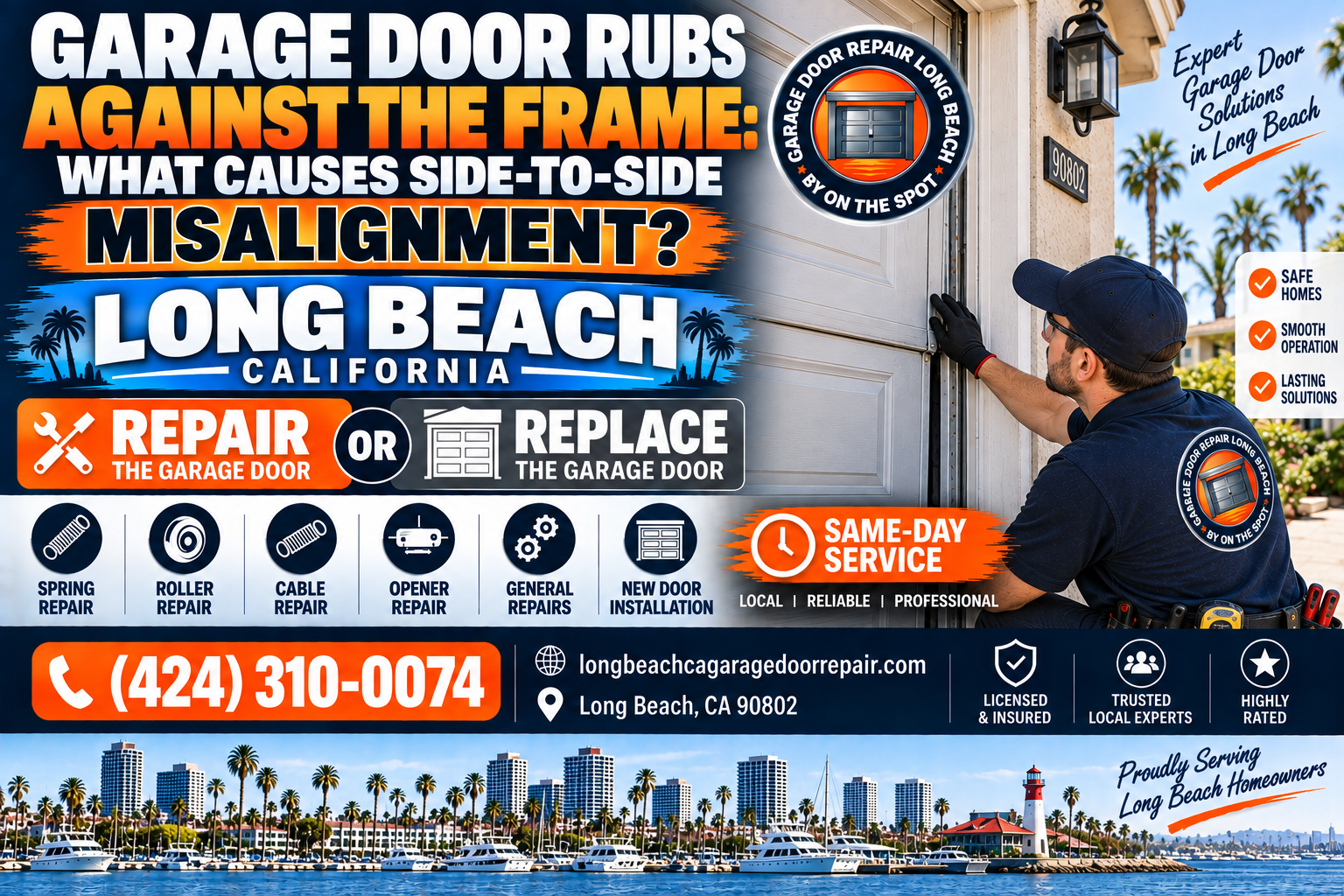 Garage door rubs against the frame side-to-side misalignment Long Beach