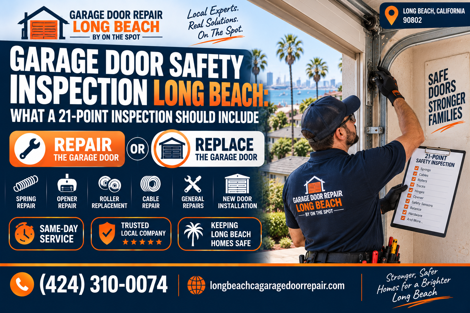 Garage door safety inspection Long Beach service graphic showing a 21-point inspection checklist