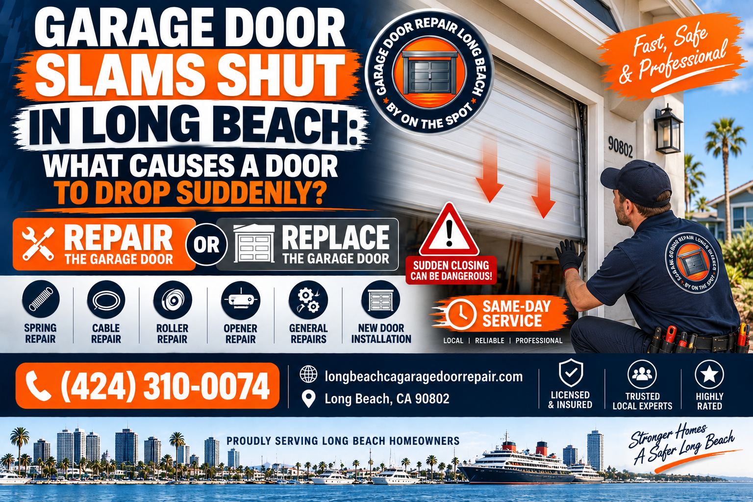 Garage door slams shut in Long Beach what causes a door to drop suddenly