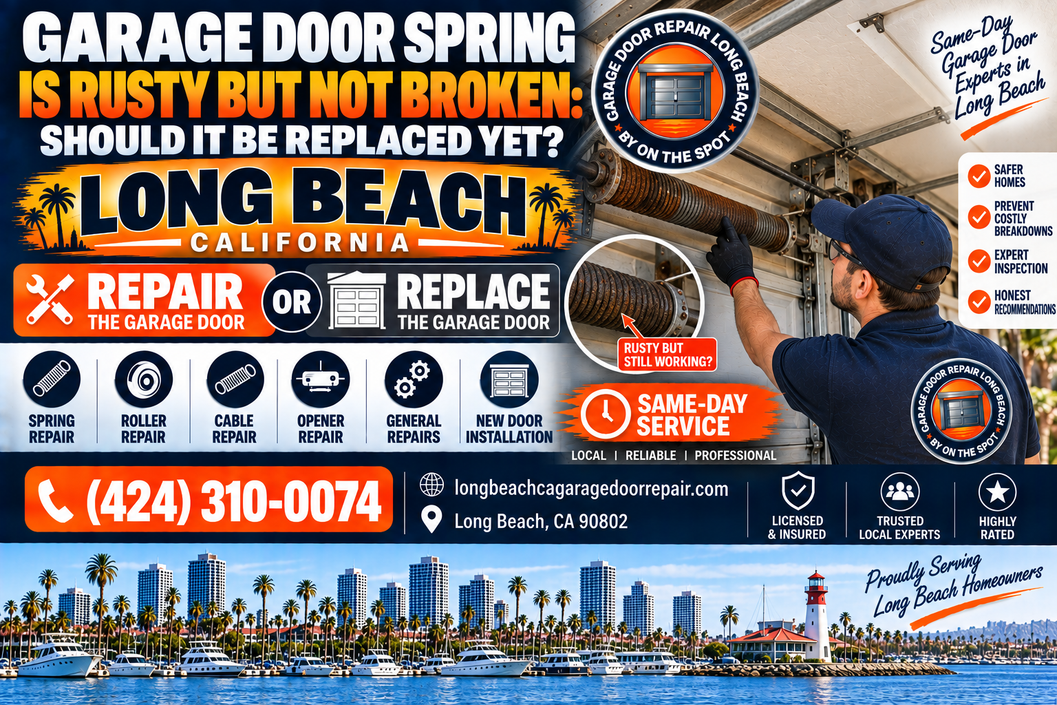 Garage door spring rusty but not broken replace decision Long Beach