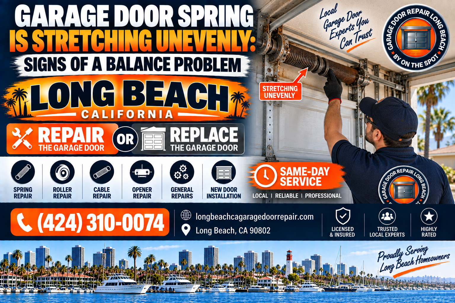 Garage door spring stretching unevenly signs of a balance problem Long Beach