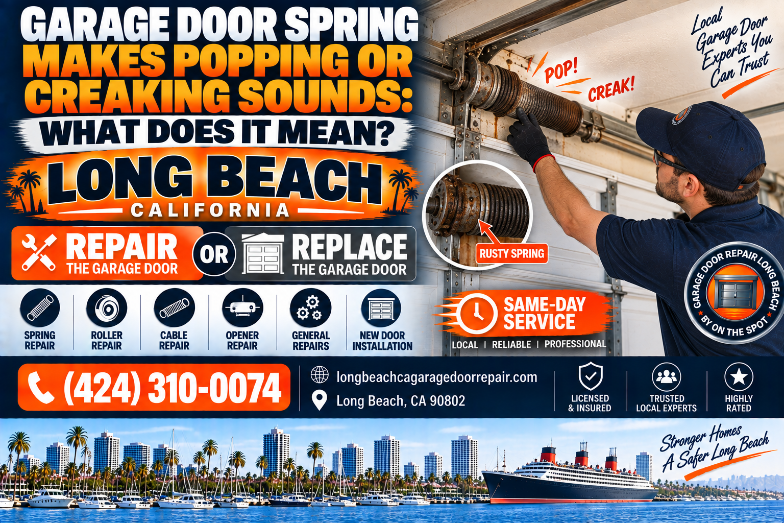 Garage door spring makes popping or creaking sounds what it means Long Beach