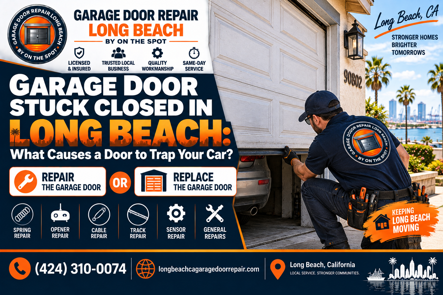 Garage door stuck closed in Long Beach trapping a car inside the garage