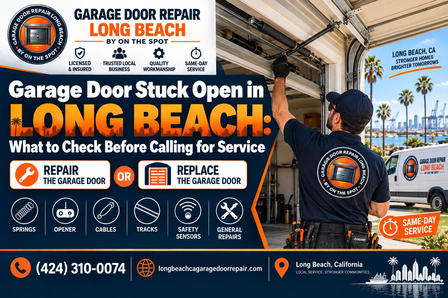 Garage door stuck open in Long Beach with homeowner checking before calling for service