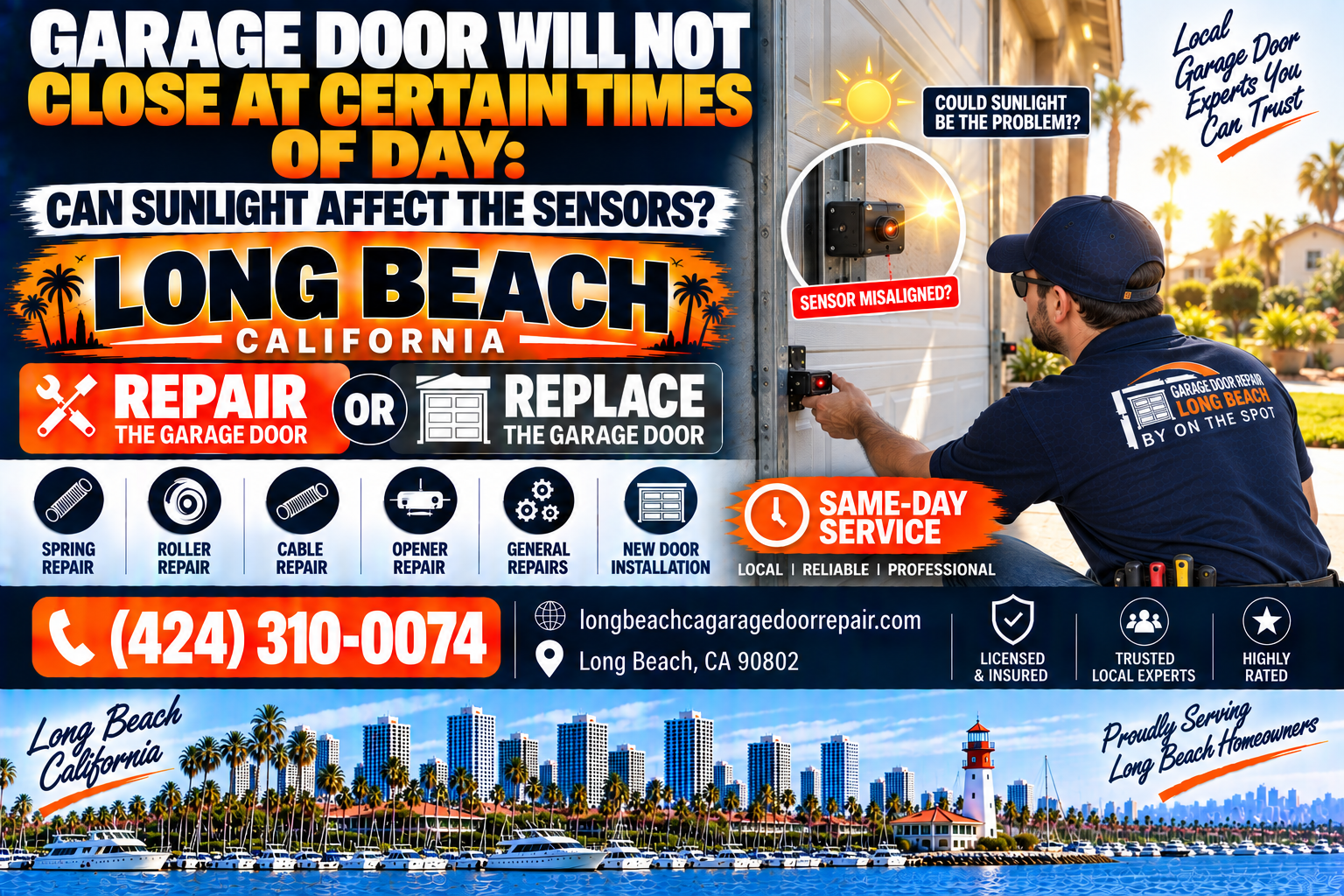 Garage door will not close at certain times of day can sunlight affect the sensors Long Beach