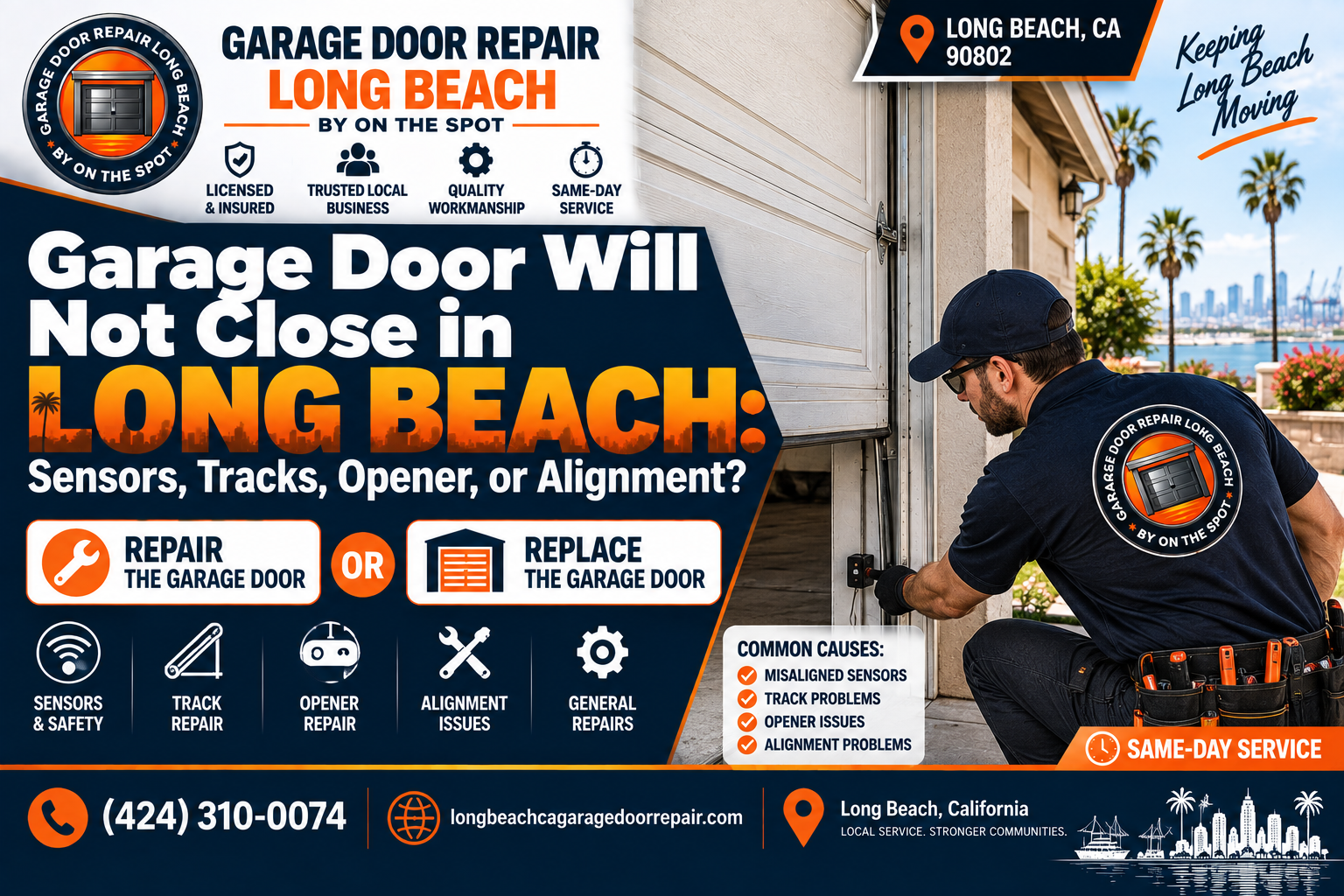 Garage door will not close in Long Beach because of sensors tracks opener or alignment problem
