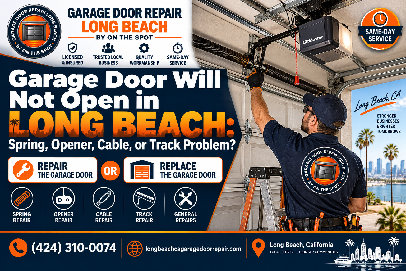 Garage door will not open in Long Beach spring opener cable or track problem