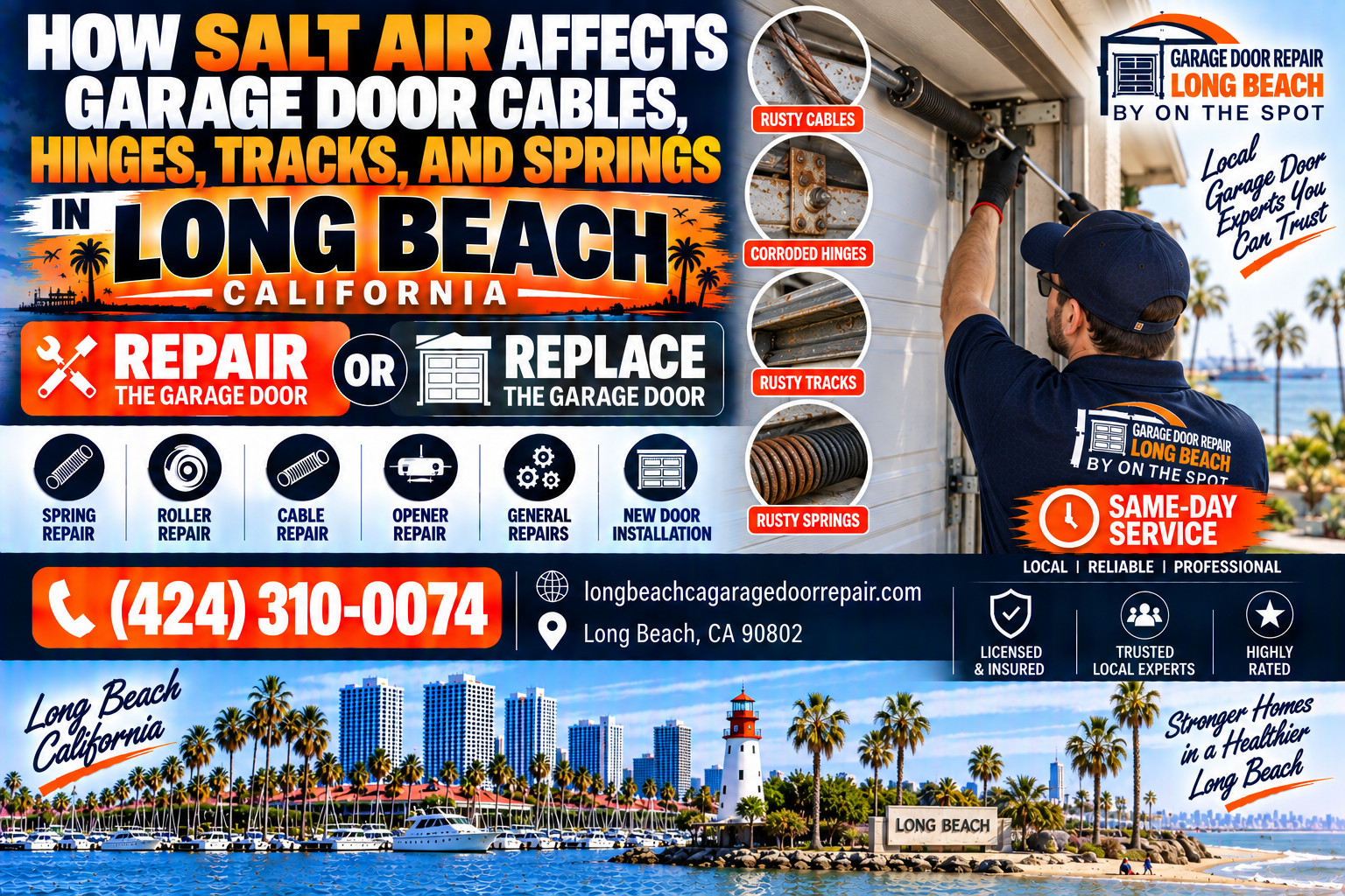 How salt air affects garage door cables, hinges, tracks, and springs in Long Beach